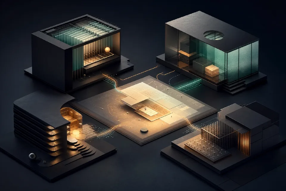 Four modular structures connected around a shared planning surface, representing collaborative technology work